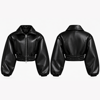 Blouson bomber court en similicuir noir personnalisé avec manches bouffantes, taille élastique et fermeture éclair pour femme, vêtements d'hiver