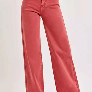 Jean en denim rose taille haute à jambe large, en coton, couleur unie, coupe droite, délavage clair, respirant, imperméable, style automne - Product Image 5
