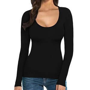 Haut en tricot noir à col rond et manches longues pour femme, avec logo personnalisé de haute qualité, coupe ajustée, couleur unie, style décontracté, chemise basique - Product Image 1