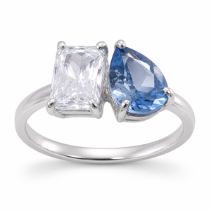 Bague Toi Et Moi en argent sterling 925 avec zircone cubique, bague pour femme, design à deux pierres claires et bleues, plaqué rhodium - Product Image 1