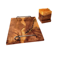 Plateau de service décoratif en bois d'acacia rouge éco-responsable avec résine époxy, motif rivière, fait main, 2022, dernière collection, et ensemble de 4 sous-verres