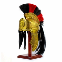 Casque de Garde Prétorienne Romaine Médiévale en Fer Poli Plaqué Or, Plume Rouge et Noire, Emblème Méduse Grecque, Mentonnières Ouvertables