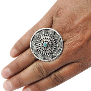 Stylish Vintage Look Oxidized <b>Plain</b> Silver 925 Sterling Silver <b>Ring</b> Unique & Antique Artisan Round Natural Coral Cocktail <b>Ring</b> - Product Image 2