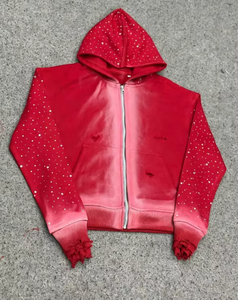 Unisex <b>Zip</b>-<b>Up</b> <b>Hoodies</b> for Streetwear Sun Faded Wash with Rhinestones Oversize Fit Hooded Collar in <b>Red</b> - Product Image 1