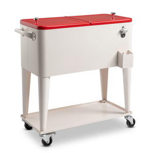 Nevera Portátil Rectangular de Plástico Blanco Lechoso de 80QT con Tapa Roja, 87.5*38.5*91cm, Patas de Hierro, Aislamiento para Congelador, Carro con Ruedas - Product Image 5