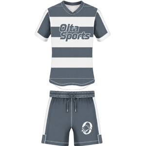 <b>Charcoal</b> Grey White Short Sleeve Rugby Uniform Set Crew Neck Striped Rugby Jersey Drawstring Shorts Athletic Performance Team - Product Image 1