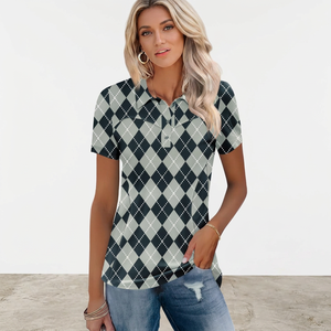 Polo pour femme à motif Argyle, manches courtes, décontracté, respirant, en polyester tissé - Product Image 5