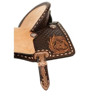 Sillín de caballo estilo Western de cuero marrón, acabado rugoso, asiento rígido, trenzado de cuero crudo, herrajes de acero inoxidable, de 10 a 18 pulgadas - Product Image 3