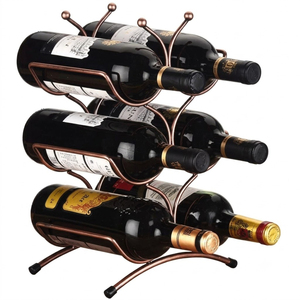 Industrial Metal And Wood Countertop Wine Rack 6 Bottle <b>Freestanding</b> Tabletop Wine Holder Organizer For Kitchen Home Barware - Product Image 5