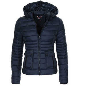 Women's Gray Quilted Puffer <b>Jacket</b> With Hood Zipper Closure Winter Short Coat Full Sleeve Warm Outerwear - Product Image 3