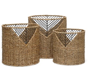 Set of 3 Round Seagrass <b>Baskets</b> with Open Iron Frames for Decor Handmade <b>Storage</b> <b>Basket</b> Wholesale eco-friendly Made in Vietnam - Product Image 1