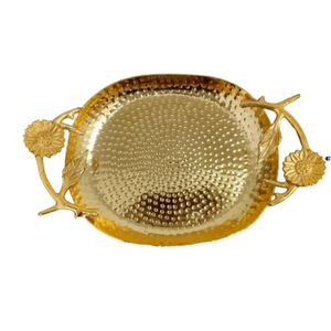 Elegante Bandeja Decorativa y de Servicio con Hojas Doradas, Plato de Metal Martillado en Oro y Plata, Bandeja de Aperitivos de Aluminio de Lujo - Product Image 3