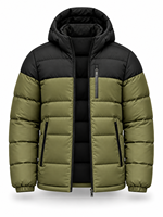 Veste matelassée à capuche pour homme, vert olive, imperméable, coupe-vent, hiver, décontractée, fermeture éclair sur le devant, logo, rembourrage en polyester, longueur normale