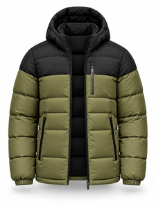 Veste matelassée à capuche pour homme, vert olive, imperméable, séchage rapide, coupe-vent, hiver, style décontracté chic, fermeture éclair sur le devant, logo, rembourrage en polyester - Product Image 3