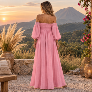Robe maxi rose à épaules dénudées pour femmes avec manches bouffantes |   Robe longue bohème fluide et froissée pour les vacances d'été à la plage et les soirées - Product Image 4