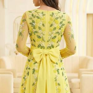 ชุดเดรสยาวผ้าทูลสีเหลืองหรูหรา ปักลายเลมอน แขนยาว ประดับลูกปัด แต่งลายดอกไม้ ผ้าตาข่าย เหมาะสำหรับงานเลี้ยงกลางคืนในฤดูร้อน หรืองานปาร์ตี้ในสวน - Product Image 2