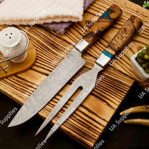 Ensemble de couteaux de chef professionnels forgés à la main en acier Damas, couteau à découper et fourchette, manche personnalisable en résine d'olivier, OEM/ODM - Product Image 6