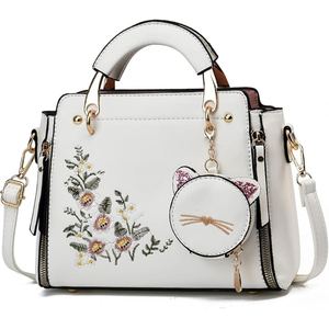 <b>White</b> Floral Embroidered PU Leather Handbag Women's Tote <b>Purse</b> with Shoulder Strap Zipper Closure Coin <b>Purse</b> - Product Image 1