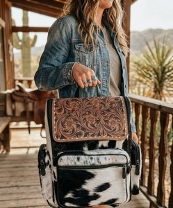 Hand Tooled Leather Diaper <b>Backpack</b> <b>Large</b> Capacity Travel Bag Floral Embossed Multi Functional Motherhood <b>Backpack</b> - Product Image 4