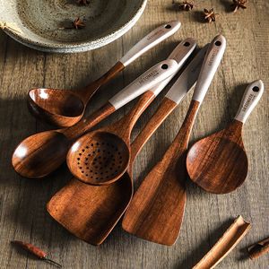 Natural Grain Wooden Dining Cutlery Assortment Sustainable Classic <b>Mirror</b> Gold Plated Kitchen Serving Utensil Set Decorative - Product Image 5