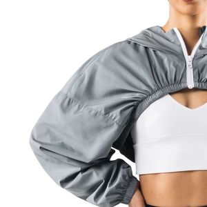 Women's Silver Gray Cropped Windbreaker <b>Jacket</b> Lightweight Full Zip Running <b>Workout</b> Gym Activewear Long Sleeve Sports <b>Jacket</b> - Product Image 3