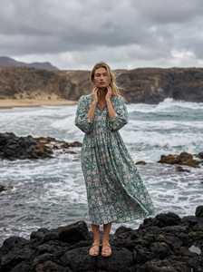 Floral Print V-Neck Midi <b>Dress</b> with Puff Sleeves <b>Loose</b> Boho Style Summer Casual Woven Formal Natural Waist - Product Image 2