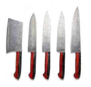 Ensemble d'outils de cuisine en acier damas, fabriqué à la main, 5 pièces, avec manche en bois rouge et noir. - Product Image 2