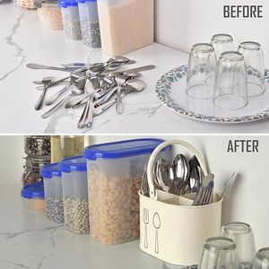 Porta cubiertos cilíndrico de metal con diseño de tenedor y cuchara para almacenamiento en la cocina, estilo minimalista, tipo vertical. - Product Image 6