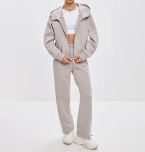 Unisex Light Grey Hooded Windproof 2 in 1 <b>Zip</b>-<b>Up</b> <b>Jacket</b> Loose Sweatpants Set Casual Full Length Solid Color Winter Wear - Product Image 4