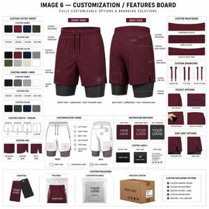 Short de sport 2-en-1 pour homme, couleur bordeaux unie, taille mi-haute avec cordon de serrage, séchage rapide, respirant, idéal pour la course à pied - Product Image 5