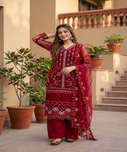 Salwar Kameez brodé rouge avec dupatta, tenue traditionnelle indienne et pakistanaise pour mariage, longueur cheville, pour femme, 71875 KARMA- ST-178 - Product Image 1