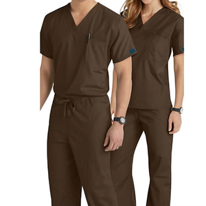 Ensemble de blouses médicales marron unisexe avec hauts à col en V et manches courtes et pantalon assorti à cordon de serrage, pour le personnel médical professionnel des hôpitaux et des établissements de santé - Product Image 1