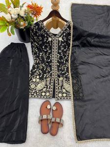 Embroidered <b>Kurti</b> Sharara Set with Dupatta – Designer Party Wear Ethnic Salwar Suit for Women - Product Image 6