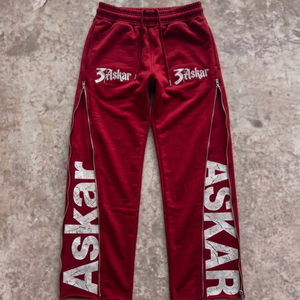 กางเกงวอร์มผ้าฟลีซสีแดงสำหรับผู้ชาย ยี่ห้อ Askar เอวยางยืด มีเชือกผูก ลายทางด้านข้าง พิมพ์ลายแตก สไตล์ลำลองสำหรับฤดูใบไม้ร่วง - Product Image 1