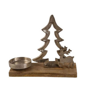 Porte-bougie décoratif en forme de renne argenté avec base en bois en forme d'arbre de Noël pour décoration intérieure - Product Image 1