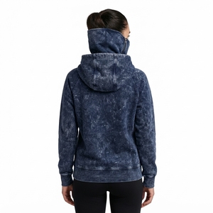 <b>Women's</b> Navy <b>Blue</b> Acid Wash Hoodie Half Zip Pullover <b>Fleece</b> Sweatshirt Casual Streetwear - Product Image 2