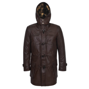 Custom 100% Genuine Lambskin Napa Leather <b>Men's</b> <b>Duffle</b> <b>Coat</b> Brown Hooded Toggle Trench Jacket Winter Overcoat Wholesale Supplier - Product Image 1