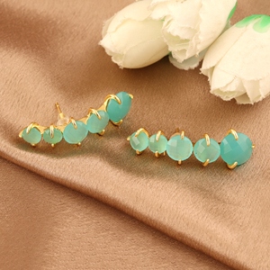 18k Gold Plated <b>Black</b> Onyx Chalcedony Gemstone <b>Stud</b> <b>Earring</b> Women's Round Cut Latest Style Fashion Accessories Elegant Jewelry - Product Image 5