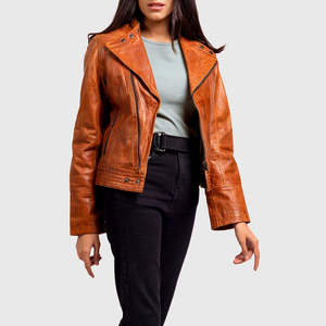 Chaqueta de Motociclista de Cuero Genuino Marrón para Mujer, Manga Larga, Cuello Alto, Cierre de Cremallera, Estilo Otoñal - Product Image 3