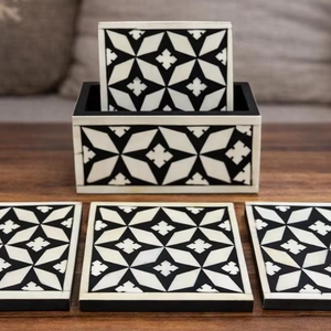 Bone Inlay Tea Coaster Set Checkered Pattern Handmade Coasters for Cups Dining <b>Table</b> and Kitchen Decor <b>Walnut</b> - Product Image 1