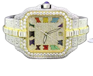 High End Round Luxury Gold VVS Moissanite Unisex Waterproof Classic Fashion Rainbow Baguette Diamond Iced <b>Wrist</b> Quartz <b>Watch</b> - Product Image 1