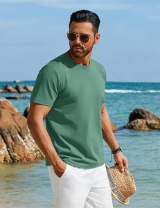 เสื้อยืดคอกลมแขนสั้นสีเขียวล้วนสำหรับผู้ชาย ทรงปกติ สวมใส่สบาย ผลิตจากผ้าฝ้ายถักเนื้อเจอร์ซีย์ ระบายอากาศได้ดี - Product Image 4