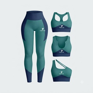 Conjunto de Yoga de 2 Piezas: Leggings de Cintura Alta con Textura Acanalada y Sujetador Deportivo Racerback con Bloques de Color, Ropa Deportiva sin Costuras - Product Image 1