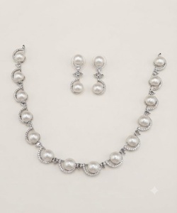 Factory Price American <b>Diamond</b> Imitation <b>Pearl</b> Necklace Set Curved Arch Pave Collar Dangling Stud <b>Earrings</b> Women Costume Jewelry - Product Image 1
