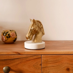 Luxury Metallic <b>Gold</b> Horse Head Bust <b>Statue</b> Sculpture Figurine on White Marble Pedestal Accent for Modern Living Room Decoration - Product Image 3