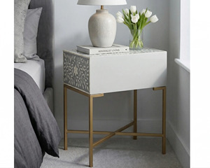Table de chevet moderne en bois avec incrustation florale artisanale en os, un tiroir, mobilier de chambre, style minimaliste, décoration intérieure - Product Image 3