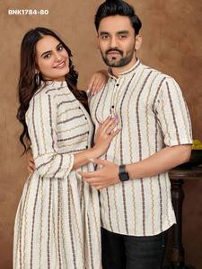 Top Quality Cotton Jacquard with Stripe Print Man's Shirt Kurta & Female <b>Tunic</b> Couple Combo Collection Supplier from Surat - Product Image 4