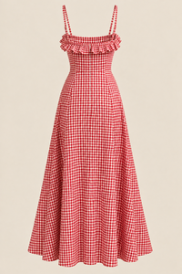 <b>Red</b> Gingham <b>Check</b> Ruffled Strap Midi <b>Dress</b> A-Line Vintage Casual Summer Cotton Woven Fitted Flared Hem - Product Image 1