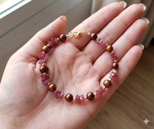 Pulsera de Perlas Rubíes en Bruto y Marrones: Pulsera de Plata de Ley 925 Chapada en Oro, Joyería Chapada en Oro, Pulseras de Cristal Ajustables - Product Image 1