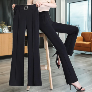 Women's High Waist Straight Solid Black Crepe Elastic Waist Pleated Office Elegant Trousers Full Length Anti-Wrinkle Anti-Static - Product Image 5